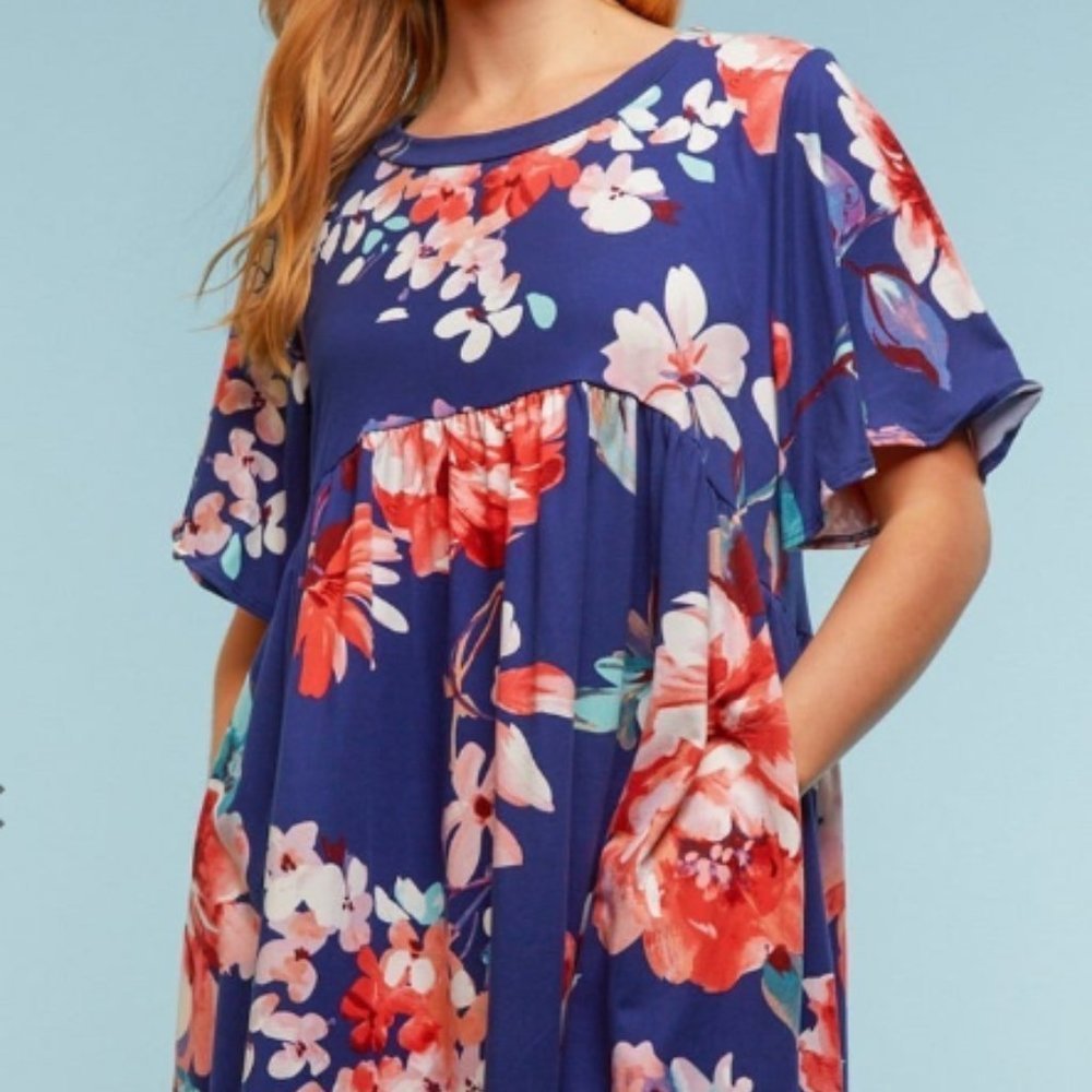 Navy Floral Pocketed Babydoll Dress